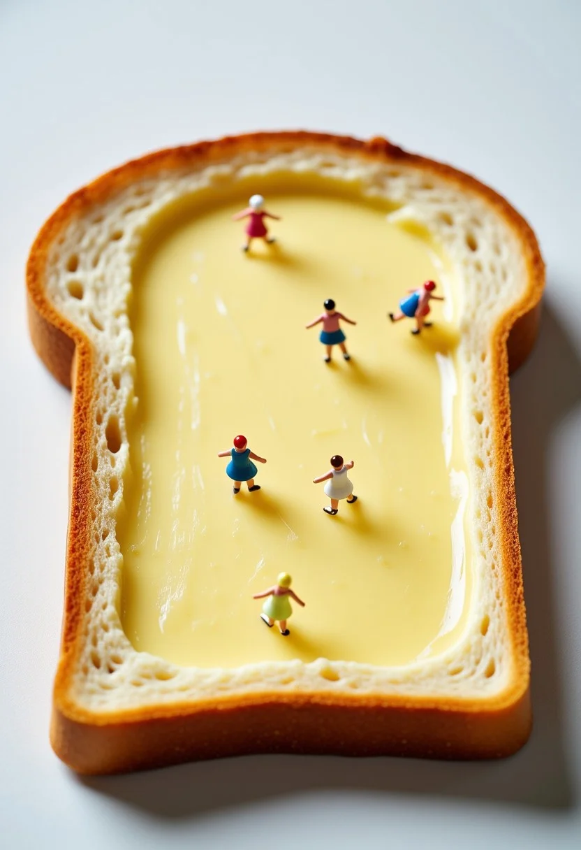 A slice of toast where the butter is a skating rink, and tiny figure skaters are performing spins and jumps on the glistening surface.