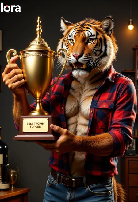 Photograph featuring an anthropomorphic tiger man wearing plaid and jeans holding a golden trophy with nameplate text engraved "BEST TROPHY FORGER"