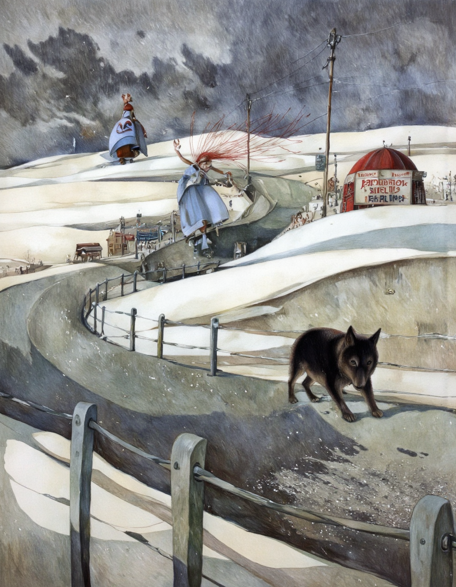 By Rébecca Dautremer. A whimsical illustration from a bird's eye view, depicting a snowy landscape with a winding road and a fence. the scene is set in a rural area, with a snow-covered field in the background. on the left side of the image, a black wolf is seen walking along the road. the wolf's fur is detailed. The sky is filled with dark, ominous clouds, and the ground is covered in a thick layer of snow. in the distance, a woman with long, flowing red hair and a blue dress is seen standing on a snowy hill. the background features a red and white sign with the words "Sentimental Circus" on it. the overall atmosphere is one of chaos and confusion, with the wolf and the woman seemingly lost in thought.