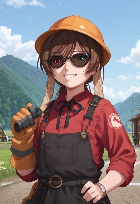 score_9, score_8_up, score_7_up, score_6_up, high resolution, gorgeous, absurdres, best quality, anime screencap, source_anime, Expressiveh, 1girl, outdoors, daytime, suiseiseki, def, hardhat, sunglasses, single glove, redengie, red shirt, overalls, solo, brown hair, twin drills, heterochromia, smile