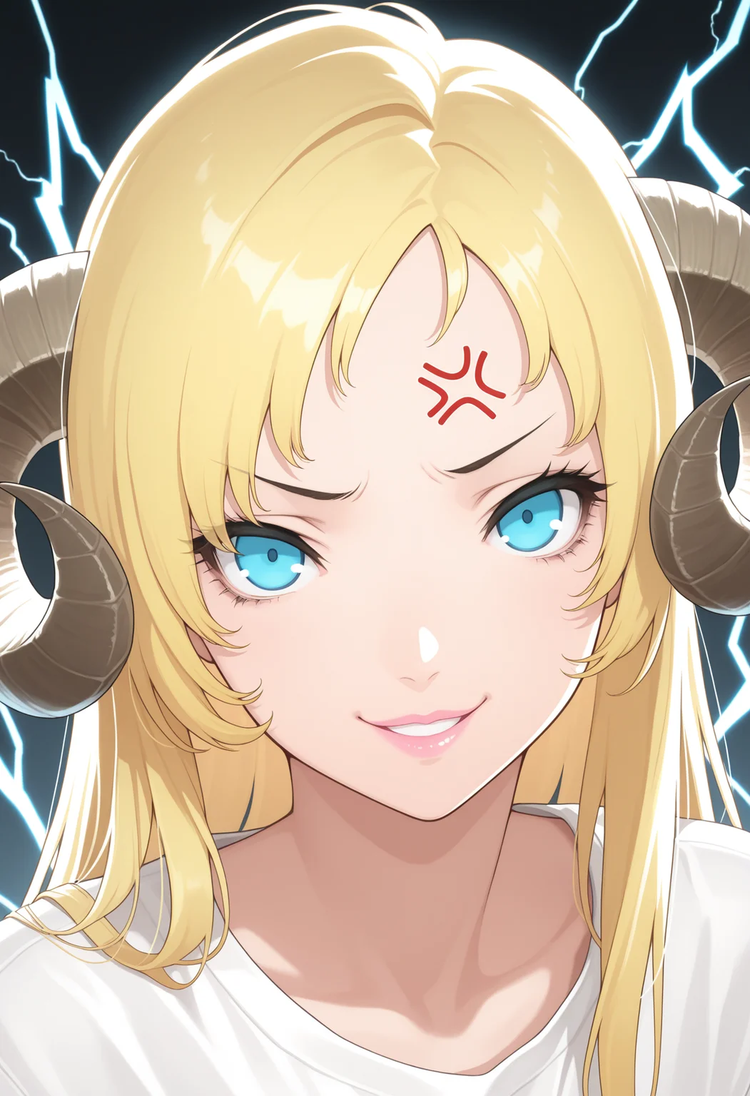 masterpiece,best quality,amazing quality, BREAK <lora:CatyuhaClassic:1> catyuha, 1girl, curled horns, blonde hair, blue eyes, long hair, anger vein, parted lips, smile, looking at viewer, sheep horns, portrait, white shirt, electricity, lightning, close-up, pink lips, straight hair