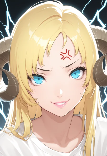 masterpiece,best quality,amazing quality,  BREAK  <lora:CatyuhaClassic:1> catyuha, 1girl, curled horns, blonde hair, blue eyes, long hair, anger vein, parted lips, smile, looking at viewer, sheep horns, portrait, white shirt, electricity, lightning, close-up, pink lips, straight hair