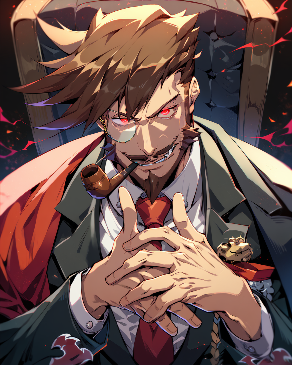 1boy, male focus, Slayer, guilty gear, score_9, score_8_up, score_7_up, score_6_up,  <lora:Slayer_from_Guilty_Gear:1>, solo, brown hair, smoking pipe, monocle, facial hair, mature male, vampire, smirk, tie, looking at viewer, toned, athletic, fit, fang, pipe, short hair, slicked to the side hair, mustache, male focus, best quality, amazing quality, best aesthetic, absurdres, smirk, evil smile, red eyes, glowing eyes, seductive, dandy, <lora:aesthetic_anime_v1s:0.4>, <lora:xl_more_art-full_v1:0.5> <lora:EpicF4nta5yXL:0.5>, (Hands Over Mouth), (formal suit),