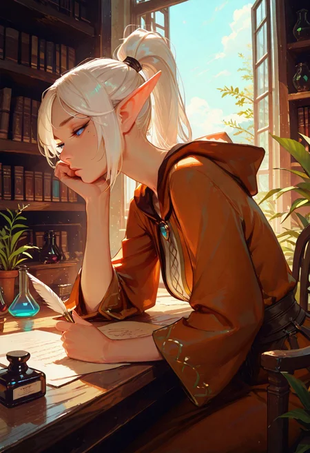 Artist : Tsuaii, Artist : Incase, masterpiece, best quality, ultra-HD, raytracing, volumetric lighting, ambient occlusion, masterpiece, best quality, very awa, absurdres,
1girl, elf, solo, mole under right eye, blue eyes, medium breasts, white hair, high ponytail, mage robes, sitting, side view, desk, chair, parchment, bookshelf, flask, gem, inkwell, quill, head rest, holding, holding quill, day, plant, potted plant, sky, window, windowsill, writing,