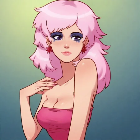 woman, solo, flat color, 80s style, <lora:Jem and the Holograms Character Pack:0.8> JemJem, pink hair, makeup,