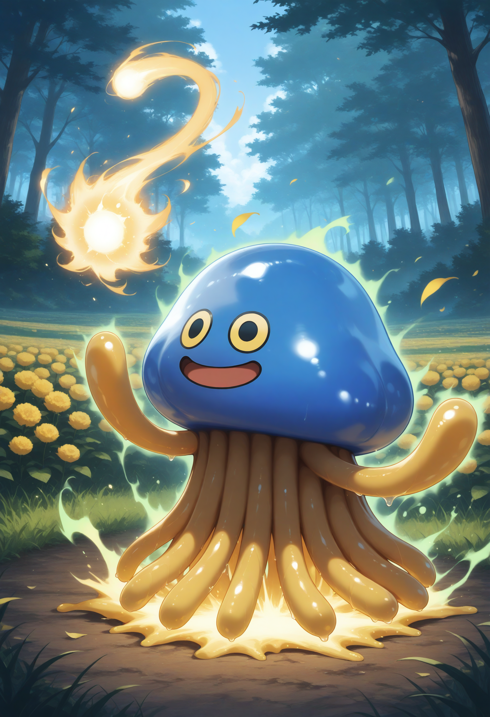 masterpiece,extreme detailed,outdoors,field BREAK full body,
BREAK hoimin1,1other,no humans,yellow tentacles,:d,slime (creature),blue_skin,<lora:hoimin_(dq)-NAI:1>,magic,aura,healing,