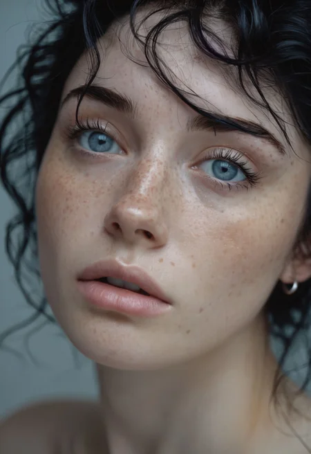 (sensual mood Soft Lighting Photography), stunning medium format portrait photo, in the style of Miles Aldridge , Alessio Albi, 21yo (woman), epiCPhoto, ArtfulNSFW, irresistibile beauty, frontal view, revealing cleavage, small round shaped breasts, black messy hair with purple reflexes, pale skin, freckles on nose, (half-top view), east-european etnicity, detailed gray eyes, perfect beautiful eyes, extended dark eyes makeup , delicate features , light blushing, emotive, sad expression, highly detailed, detailed realistic photography, masterpiece, finely detailed skin, emotional, professional color grading, analog Fujifilm colors, moody, epic, gorgeous, film grain, grainy, <lora:skinXL:0.25>, <lora:VintageNude:0.5>, <lora:MJ52:0.5>