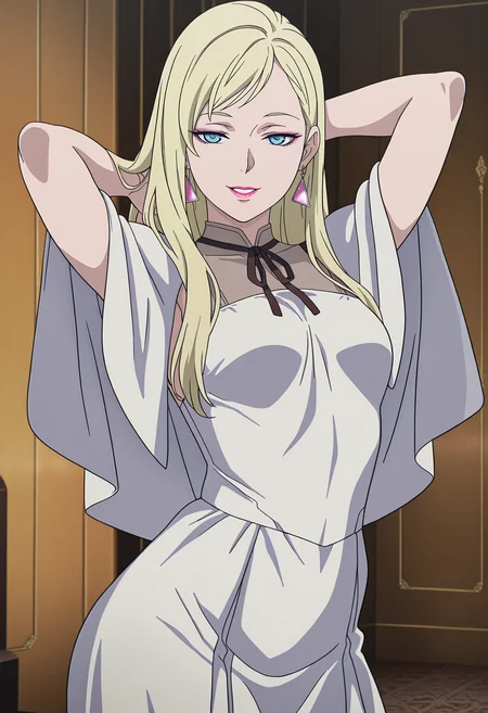 1girl,solo,mm,mature female,long hair,blonde hair,blue eyes,triangle earrings,makeup,lipstick,anime coloring,
white dress,white capelet,arms behind head, looking at viewer, parted lips, seductive smile, cowboy shot, indoors
,masterpiece,best quality,amazing quality,<lora:Gigi_Andalucia_from_Gundam_Hathaways_Flash_v2:0.8>