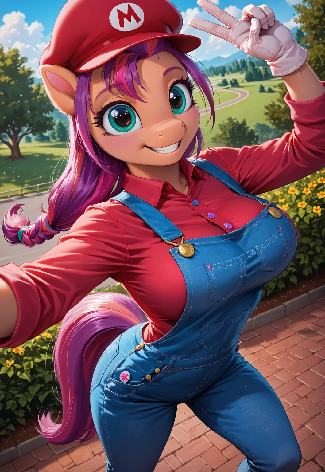 score_9, score_8_up, score_7_up, score_6_up, score_5_up, score_4_up, source_pony, my little pony, anthro pony, 1girl, solo, sexy, round breasts, beautiful, detailed, high detailed, very beautiful, detailed cute pony face, detailed eyes, detailed hand, detailed fur, vibrant colors, vector, huge breasts, dynamic pose, super-wide angle shot, extreme perspective, Sunny Starscout_(mlp), (make your mark:1.0), 5fingers, (from above:1.3), selfie, <lora:mario-cosplay-ponyxl-lora-nochekaiser:1>, mariocosplay, mario \(cosplay\), blue overalls, overalls, shirt, red shirt, long sleeves, collared shirt, hat, red hat, gloves, forrest, Star, Hoovesart, peace, mouth abit open, star,