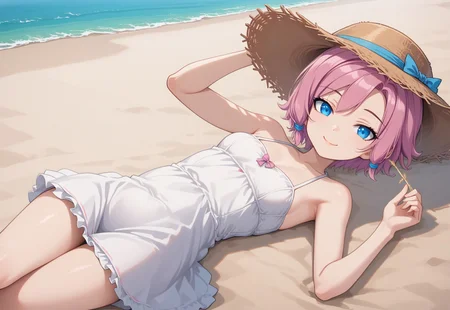 score_9, source_anime, solo, 1girl, maeve, pink hair, short hair, blue eyes, white dress, lying, beach, sand, straw hat, smile, 