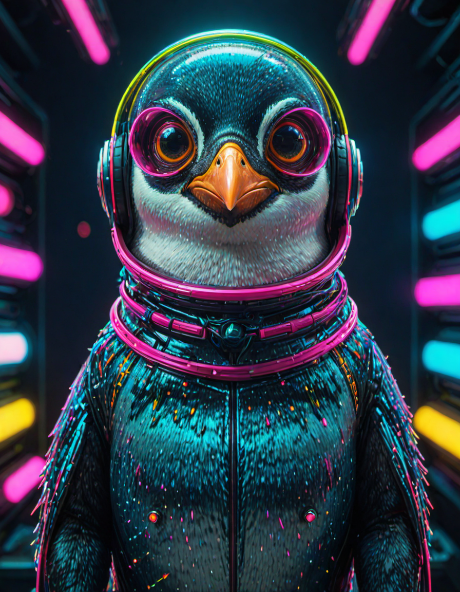 (ombre color scheme of neon pink, neon blue, neon green, neon yellow, neon yellow-red) (in the style of Zdzislaw Beksinski:1.2) (cute:1.25) (anime penguin:1.75) wearing a space helmet sitting at command chair with the lights of the consoles behind, in the style of sci - fi environments, glo - fi, aesthetic, comic, beeple, space background <lora:another-bored-particle:0.55>  <lora:add-detail-XL:0.65>, subsurface scattering, ultra hd, 4k, high def, Photorealistic, Hyperrealistic, Hyper detailed, analog style, realistic, masterpiece, best quality, ultra realistic, 8k, Intricate, High Detail, film photography, soft lighting,  heavy shadow