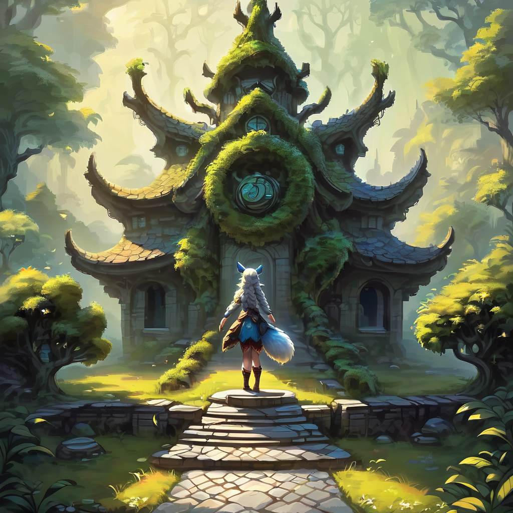 illustration of, overgrown stone statue of ioxl, human, score_9, score_8_up, score_7_up, score_6_up, score_5_up, score_4_up, fantasy, dim moonlight, 1girl, solo, <lora:Io-11PLDXL:0.8>, ioxl, twin braids, fox tail, fox ears, deer antlers, wild forest, chiaroscuro, ivy, still life, fireflies, cobblestone,