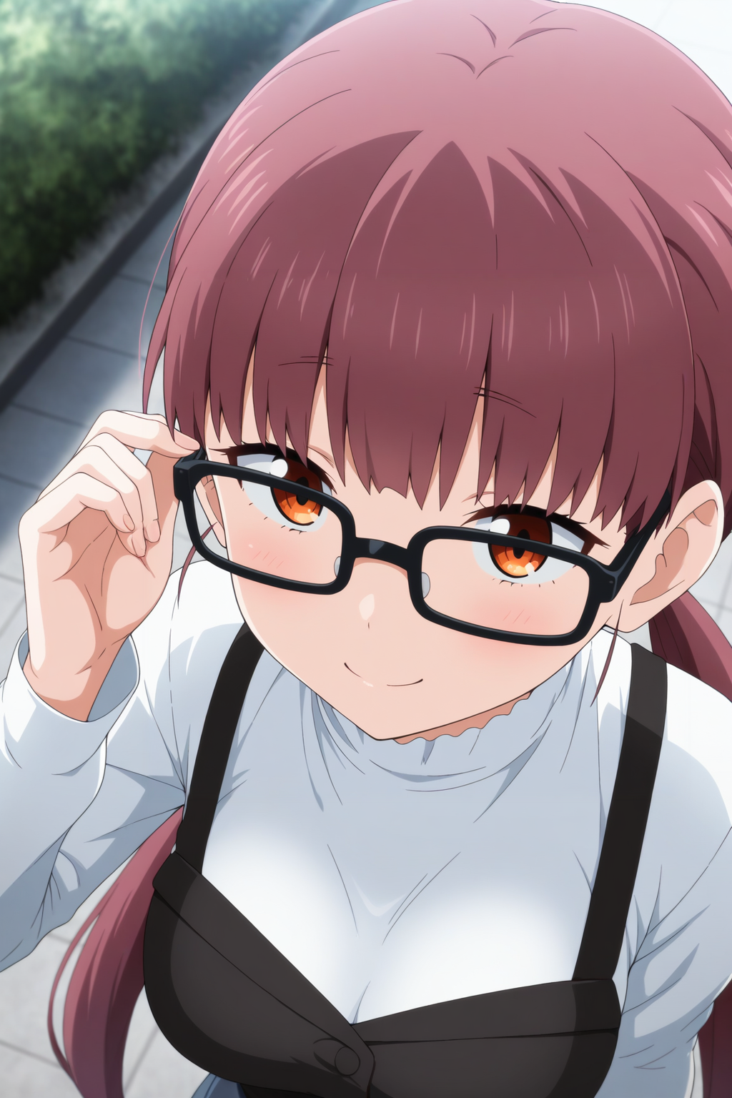 masterpiece, best quality, amazing quality, very aesthetic, absurdres, ultra detailed,
<lora:il_contrast_slider_d1 (Ð¦ÐÐÐ¢ ÐÐÐ Ð¢ÐÐÐÐ):-0.8>
 <lora:Yui Unoki:0.8> yui_unoki, 1girl, black-framed glasses,
portrait, smile,
view from above, body is visible, medium breasts are visible from under the shirt,,