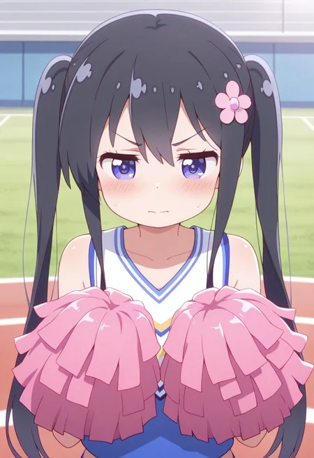 masterpiece,best quality,amazing quality, shirosaki hana, long hair, black hair, blue eyes, 1girl, twintails, solo, flower, pom pom (cheerleading), hair flower, hair ornament, cheerleader, sleeveless, blush, holding, pink flower, v-shaped eyebrows, bare shoulders