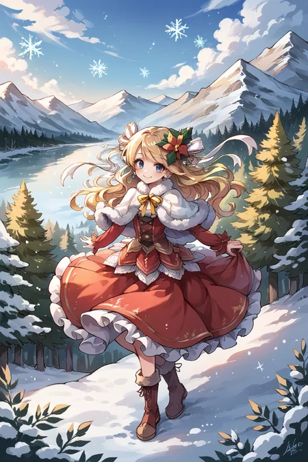 (score_9, score_8_up, score_7_up), source anime, <lora:backgroundsetXL:0.2> , background, scenery, nature, winter, snow, snowflakes, sparkles, glitter, fairies, outdoors, trees, mountain, BREAK
<lora:Priscilla:0.7> , prdef, 1girl, blonde hair, blue eyes, long hair, flower, hair ornament, hair ribbon, white hair ribbon, neck ribbon, yellow neck ribbon, hair flower, earrings, capelet, fur-trimmed capelet, dress, red dress, layered dress, frilled dress, red sleeves, white shirt, frills, ruffles, lace, boots, full body, smile, christmas (theme), looking at viewer, <lora:sxz-bqt-smol-pdxl:0.2> , bqt style,