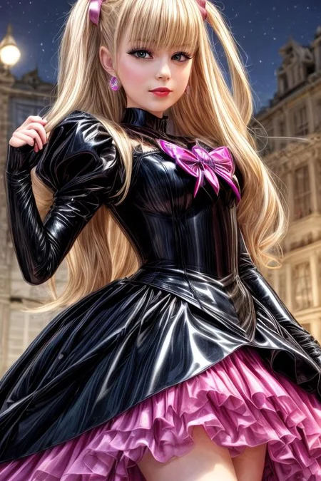 blonde evil corrupted young princess wearing dark pastel (ruffled:1) (gleaming latex:1) DarkPrecure gown with (long latex cape:1) and latex elbow bridal gauntlets, (Perfect Face:1), soft lighting, glossy red lips, ruffles,
<lora:more_details:1.5>