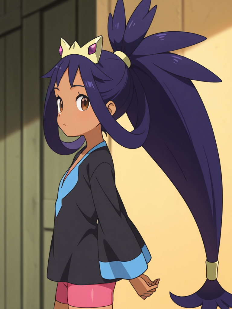 1girl, standing, looking at viewer,upper body, from side, standing, arms behind back, 
<lora:iris_champion_2:0.85> iri5cham1on,ColourEX, (no_skirt, no middle ribbon:1.6),
dark-skinned female, dark skin,
brown eyes,
purple hair, very long hair, ponytail, spiked hair, hair rings,
tiara, purple gem tiara,black shirt, blue v-neck, blue hem cuff,
pink bike shorts,, masterpiece, high quality, absurdres, best quality, very aesthetic, newest,