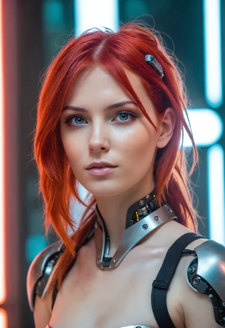 Best quality, Raw photo, face portrait, a young cyborg woman with fiery red hair. Her face fills the frame, bathed in neon hues, exuding determination and mystery amidst a futuristic backdrop