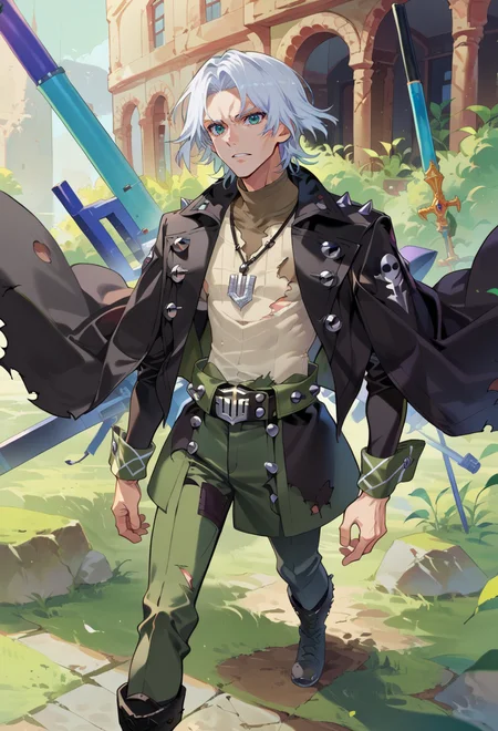 score_9, score_7_up, source_anime, BREAK <lora:Taiki Dendro:0.9> taiki, art,, solo, 1boy, teal eyes, tsurime, parted bangs, white hair, medium hair, straight hair, shoulder-length hair,, coat, shirt, pants, studded belt, multiple belts, combat boots, torn clothes, necklace, black coat, black and green theme,