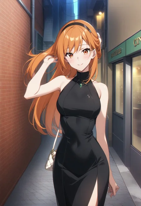 score_9, score_8_up, score_7_up, score_6_up, source_anime.
BREAK 1girl, solo
BREAK orange hair, orange eyes, long hair, swept bangs, half-updo, Dongtan dress, black dress, glamorous, glitter, hair flip, handbag, hairband, smile, blush, outdoors, city, sidewalk, street