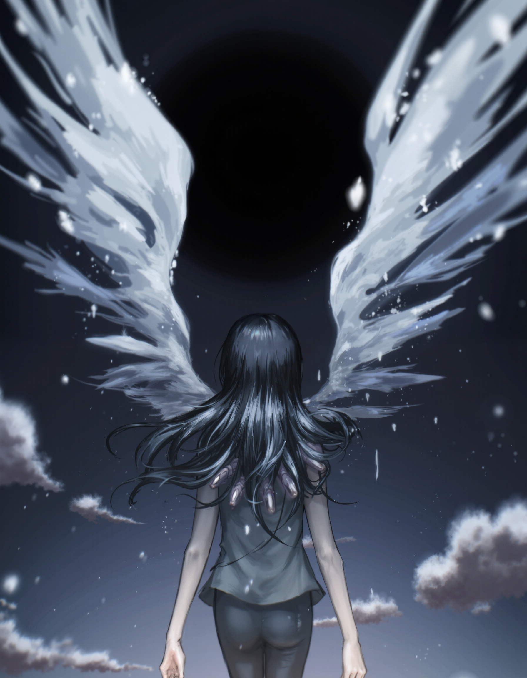1girl, long hair, black hair, facing away, mechanical wings, mechanical spine, black hole, from behind, no lineart, realistic, blurry, masterpiece, [best quality:0.25], newest, absurdres, very aesthetic, best quality, year 2024, newest, The painting is in the style of umesky. <lora:Grimmold:0.5> <lora:ume_sky_v2:0.8>
