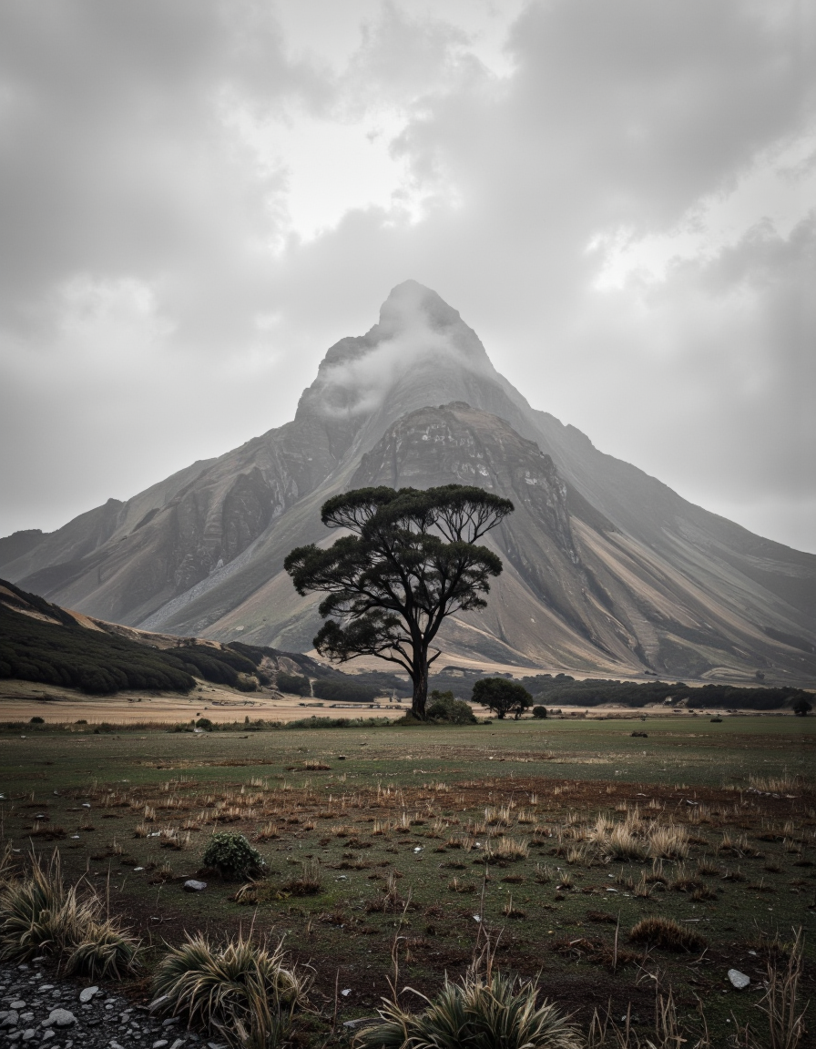 By Maria Isabel Ruiz. A photo-realistic landscape photograph taken from a distance of a grassy plain with a distant mountain peak shrouded in mist, set against a cloudy sky. the foreground features a lone tree in the middle of the image, surrounded by sparse patches of grass and patches of brown and green. the mountain peak stands out against the hazy, misty backdrop, with a few clouds scattered across the sky, creating a sense of depth and perspective. the image is framed in a simple, minimalist style, with no other elements present in the scene. the overall atmosphere is moody and atmospheric, with the muted colors and textures blending together to create a serene and tranquil ambiance.