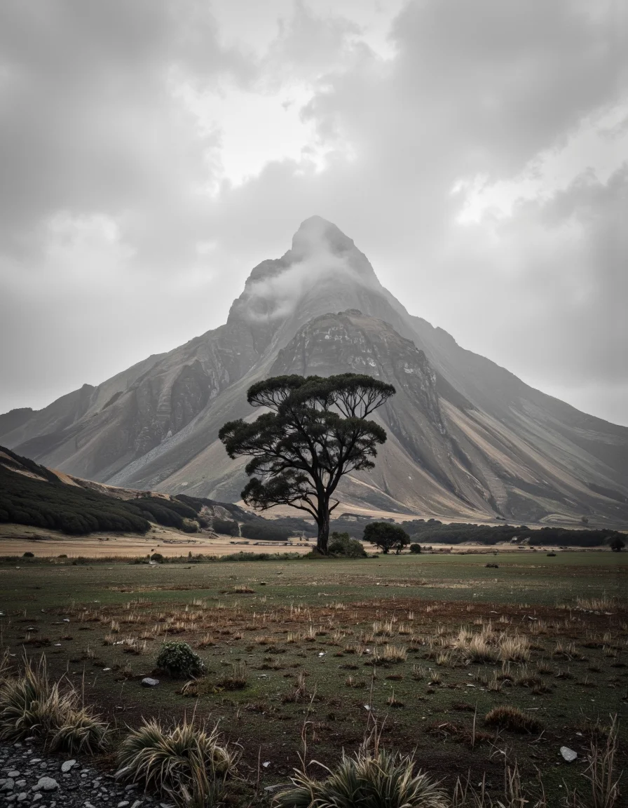 By Maria Isabel Ruiz. A photo-realistic landscape photograph taken from a distance of a grassy plain with a distant mountain peak shrouded in mist, set against a cloudy sky. the foreground features a lone tree in the middle of the image, surrounded by sparse patches of grass and patches of brown and green. the mountain peak stands out against the hazy, misty backdrop, with a few clouds scattered across the sky, creating a sense of depth and perspective. the image is framed in a simple, minimalist style, with no other elements present in the scene. the overall atmosphere is moody and atmospheric, with the muted colors and textures blending together to create a serene and tranquil ambiance.