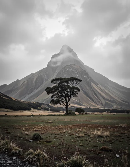 By Maria Isabel Ruiz. A photo-realistic landscape photograph taken from a distance of a grassy plain with a distant mountain peak shrouded in mist, set against a cloudy sky. the foreground features a lone tree in the middle of the image, surrounded by sparse patches of grass and patches of brown and green. the mountain peak stands out against the hazy, misty backdrop, with a few clouds scattered across the sky, creating a sense of depth and perspective. the image is framed in a simple, minimalist style, with no other elements present in the scene. the overall atmosphere is moody and atmospheric, with the muted colors and textures blending together to create a serene and tranquil ambiance.