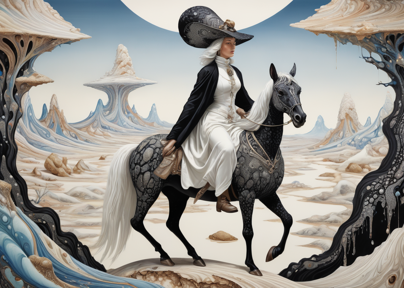award-winning Socialist Realism (xlmrblng15-1300:1.1), a portrait analog realistic photograph of a magnificent mature sorceress riding a Clarks nutcracker in a white-tinted alien landscape with chrome boulders, fine black filigree patterns