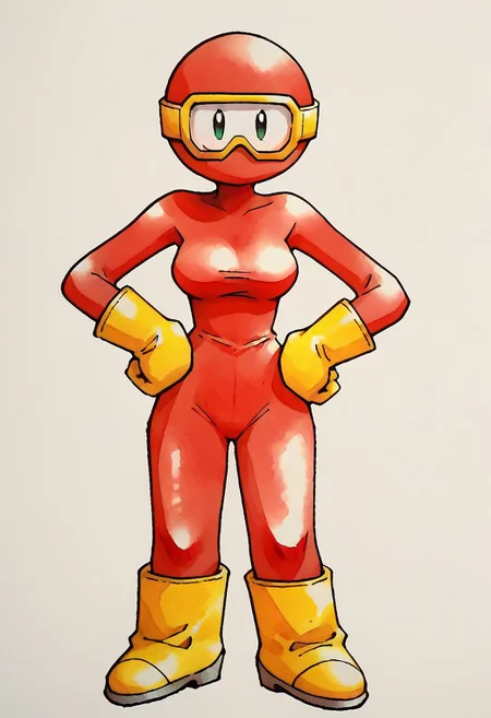 score_9, score_8_up, score_7_up, score_6_up, score_5_up, score_4_up, pooka, red body suit, yellow ski googles, yellow elbow gloves, yellow kneehigh boots 1girl, woman, female, solo, breasts, latex, skin tight, from front, white visor, cartoon eyes, hands on hips, round head, cave tunnel, ken sugimori, watercolor \(medium\)
