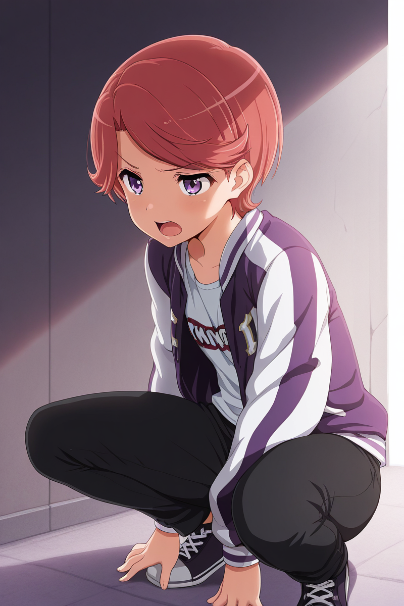 masterpiece, best quality, amazing quality,
 <lora:Futaba_IL:1> futaba, 1girl, purple eyes, solo, letterman jacket, open mouth, short hair, jacket, pants, squatting, red hair, shirt, black pants