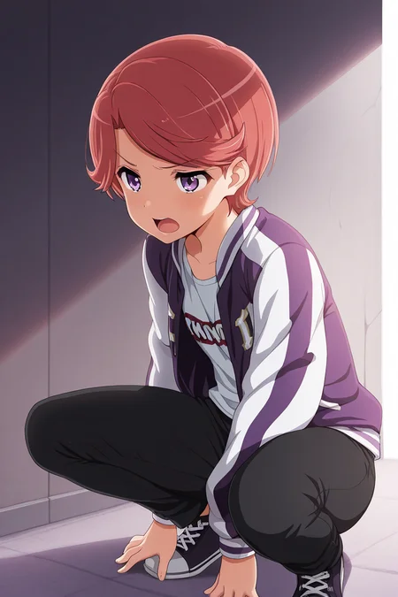 masterpiece, best quality, amazing quality,
<lora:Futaba_IL:1> futaba, 1girl, purple eyes, solo, letterman jacket, open mouth, short hair, jacket, pants, squatting, red hair, shirt, black pants