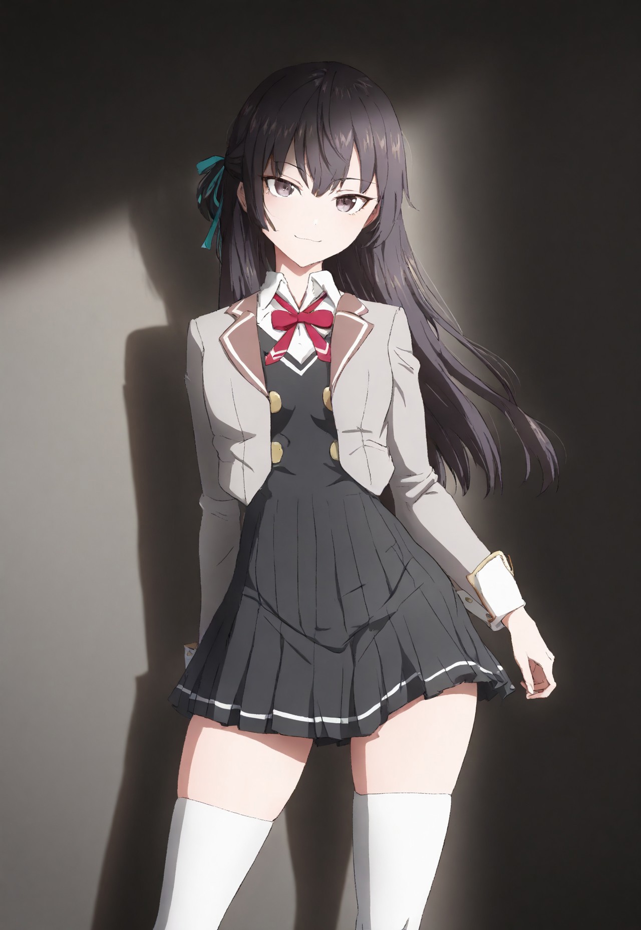 detailed, sinfully stylish, dramatic lighting, long shadows, soft light, contrapposto, anime, 1girl, solo, school uniform, dark grey pleated dress, grey jacket, white thighhighs, hair ribbon, staring at viewer, smiling, wide hips, standing, hip sway,