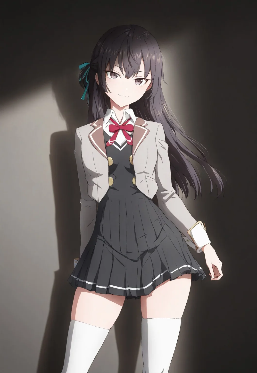 detailed, sinfully stylish, dramatic lighting, long shadows, soft light, contrapposto, anime, 1girl, solo, school uniform, dark grey pleated dress, grey jacket, white thighhighs, hair ribbon, staring at viewer, smiling, wide hips, standing, hip sway,