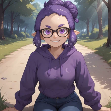 score_9, score_8, BREAK, solo, splatoon, inkling, female inkling, 1girl, tentacle hair, purple hair, single hair bun, purple eyes, glasses, cute, purple eyebrows, purple hoodie, purple jeans, purple shoes, breasts, Jeanette_Romero_(\OC_Inkling\), sexy pose, self portrait, smile, outdoors, sunlight, shadows, evening lighting, natural lighting, forest, trees, grass, orange sky, sunset, sitting, feet, soles