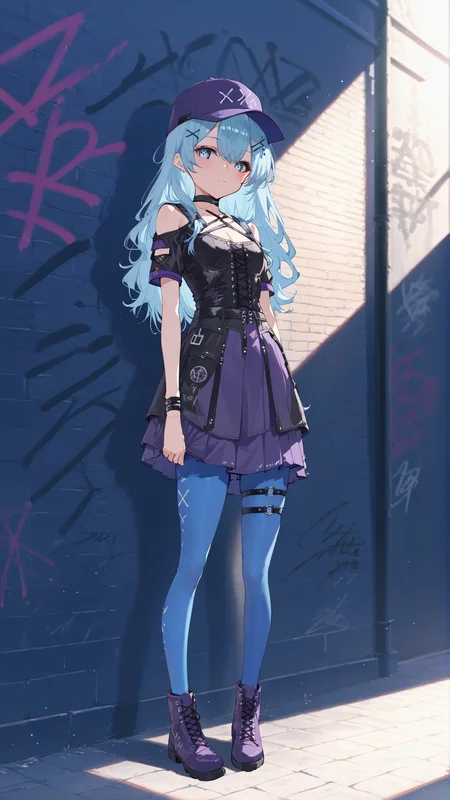 score_9,score_8_up,score_7_up,
1girl,solo,
<lora:KuroTsuki-Pony-V1-09:1>,KuroTsuki,
long hair,straight hair,blue eyes,light blue hair,hair between eyes,sidelocks,small breasts,
black choker,hair ornament,choker,shoulder cutout,black shirt,clothing cutout,thigh strap,x hair ornament,purple footwear,cross-laced legwear,short sleeves,hairclip,cross-laced clothes,cross-laced sleeves,purple skirt,pleated skirt,blue pantyhose,purple_hat,baseball_cap,
blush,expressionless,
standing,posing,hands up,
looking at viewer,sunlight,lingshalan,brick wall,graffiti,