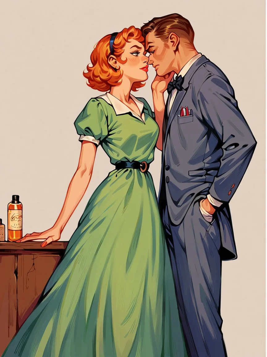 score_9, score_8_up, score_7_up, score_6_up, <lora:r3tr0XLP:1> r3tr0, 1girl, 1boy, suit, dress, oil painting,