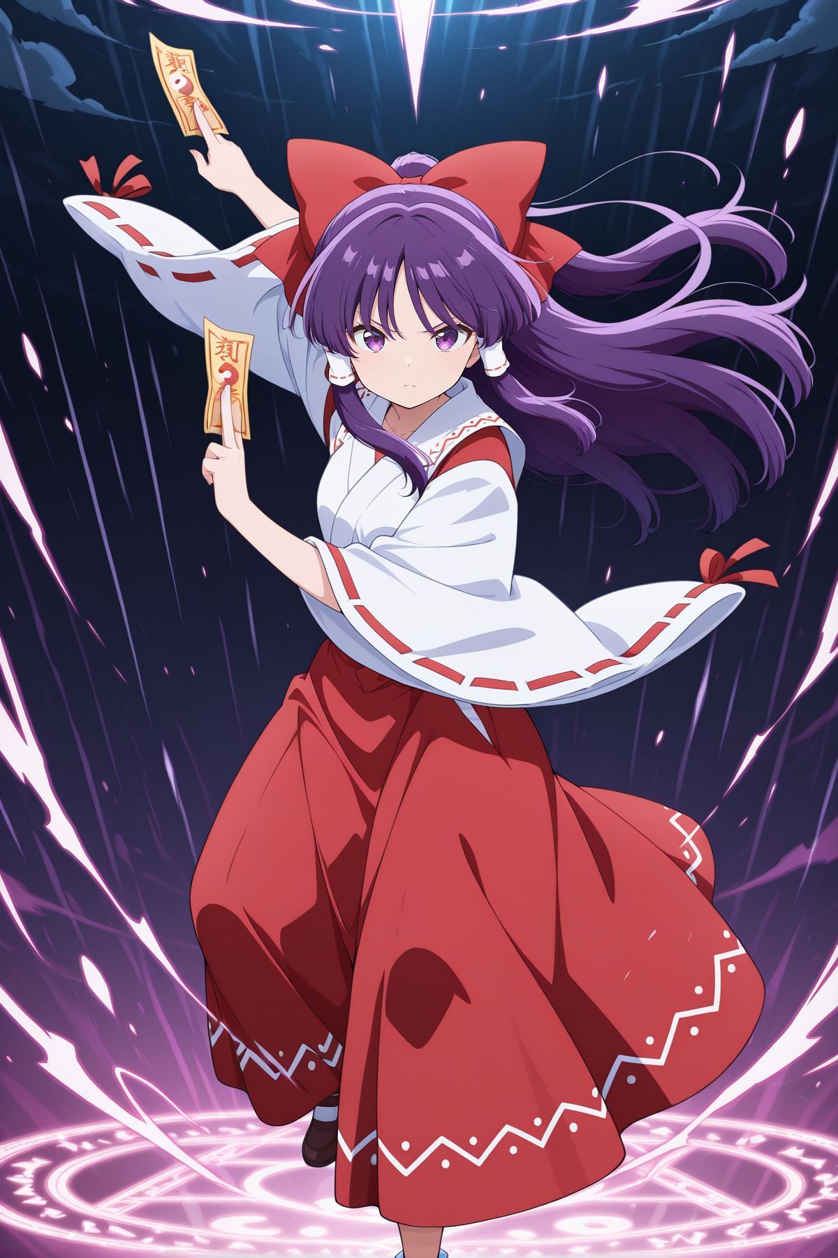 absurdres, highres, masterpiece, best quality, amazing quality, official anime artwork, screencap, anime screencap, serious, looking at viewer, dynamic pose,
<lora:Reimu-Hakurei-PC98_Illustrious:1> Reimu98, 1girl, solo, purple eyes, purple hair hair, long hair, sidelocks, small breasts,, hair bow, red bow, hair tubes, white tubes, white shirt, attached ribbon-trimmed sleeves, red skirt, long skirt,
danmaku, holding ofuda, light particles, floating hair, orbs, yin yang orb, fighting stance, magic circle, storm,