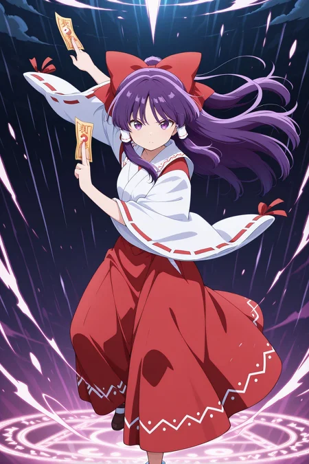 absurdres, highres, masterpiece, best quality, amazing quality, official anime artwork, screencap, anime screencap, serious, looking at viewer, dynamic pose,
<lora:Reimu-Hakurei-PC98_Illustrious:1> Reimu98, 1girl, solo, purple eyes, purple hair hair, long hair, sidelocks, small breasts,, hair bow, red bow, hair tubes, white tubes, white shirt, attached ribbon-trimmed sleeves, red skirt, long skirt,
danmaku, holding ofuda, light particles, floating hair, orbs, yin yang orb, fighting stance, magic circle, storm,