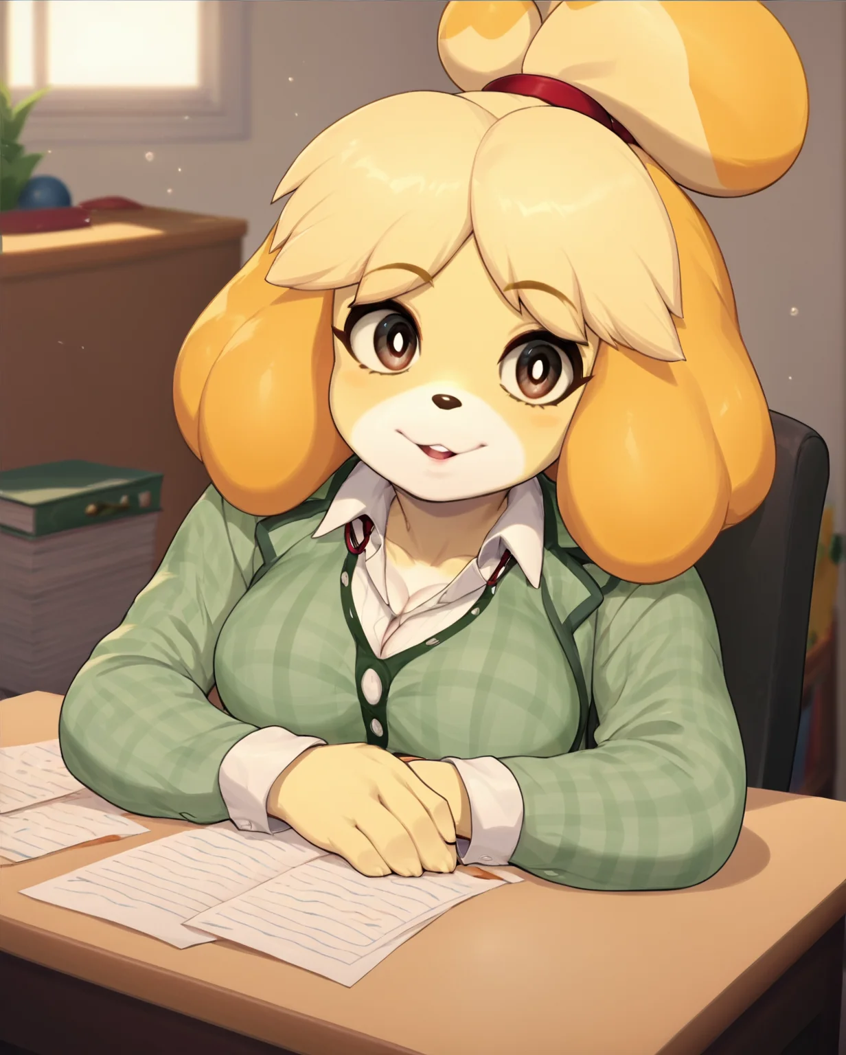 score_8_up, score_7_up, score_6_up, score_5_up, score_4_up, anime screencap, looking at viewer,
<lora:Isabelle (Autism SDXL)-000009:0.7> 1girl, solo, isabelle (animal crossing), blonde hair, animal ears, furry
upper body,
office, desk
<lora:GreemBang (Pony XL):1>
