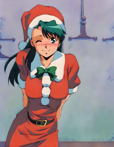 <lora:pony_xl_shoko:1>,shoko,score_9,source_anime,1girl,best quality,masterpiece,super fine illustration,solo,standing,arms_behind_back,leaning_forward,thigh,cowboy_shot,looking_at_viewer,santa_hat,santa_costume,wrinkling of clothes,indoor,smile,light_blush,one-eyed wink,