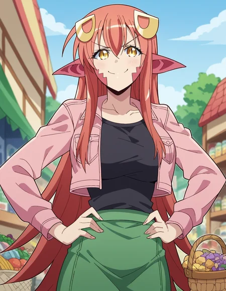 score_9, score_8_up, score_7_up, source_anime, <lora:lamia-miia-s1-ponyxl-lora-nochekaiser:1>, miia, miia (monster musume), long hair, large breasts, hair ornament, hair between eyes, very long hair, yellow eyes, red hair, pointy ears, hairclip, monster girl, slit pupils, scales, lamia,, skirt, shirt, jacket, black shirt, green skirt, pink jacket,, farmers market, fresh produce, local vendors, baskets, sunny day, community, , looking at viewer, smug, hands on hips,, solo,, dutch angle,