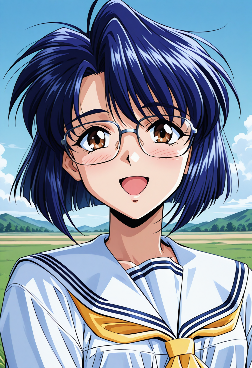 ishibashi_misako, brown eyes, blue hair, short hair, glasses, school uniform, serafuku, white sailor collar, yellow neckerchief, white shirt, long sleeves,  <lora:Graduation_ishibashi_misako_illustrious_ver1:0.8> 
smile, open mouth,, masterpiece, best quality, very aesthetic, absurdres, general,, 1girl, solo, blue sky, (grasslands:1.2), looking at viewer,, (upper body:1.2), (close-up:1.2), (facing viewer:1.2), (open eyes:1.4), (portrait:1.2)