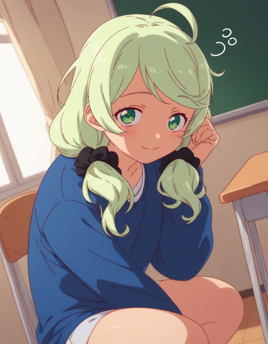 score_9,score_8_up,score_7_up, BREAK (by ppp) 1girl,  light green  hair,hair flower,wavy hair, green eyes,  deredere, low twintails,  hair scrunchie, kind expression , curvy,  light smile, oversized clothes, waking up , swept bangs,  ahoge, in a classroom, tables, chairs, solo, squatting,  arms between legs, dutch angle, hands, hanging hair, head tilt,  looking at viewer,