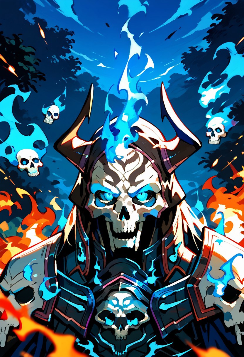 score_9,score_8_up,score_7_up,source_anime, king_hassan_(fate),solo,looking at viewer,blue eyes,1boy,upper body,male focus,horns,armor,mask,glowing,fire,glowing eyes,skull,blue fire,burning,skull mask,