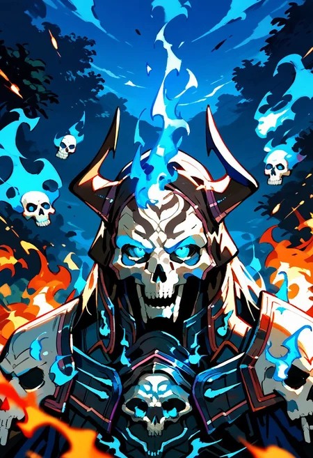 score_9,score_8_up,score_7_up,source_anime, king_hassan_(fate),solo,looking at viewer,blue eyes,1boy,upper body,male focus,horns,armor,mask,glowing,fire,glowing eyes,skull,blue fire,burning,skull mask,