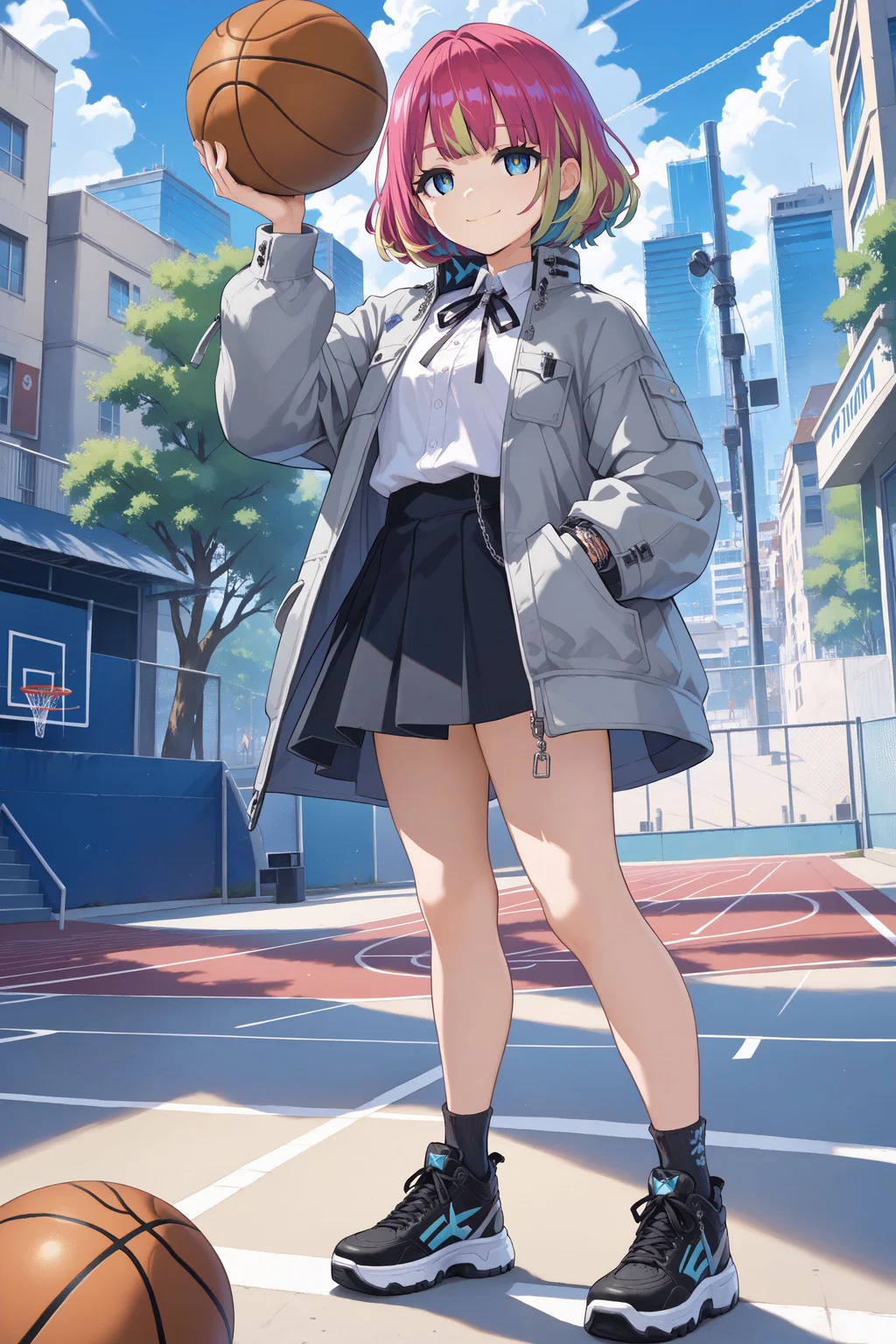 score_max, (score_9, score_8_up, score_7_up:1.2), score_6_up, official art, source_anime,
, masterpiece, absurdres, high detail, 8k,
city, street, chain-link fence, basketball court, blue sky,
standing, hands in pocket, light smile,
avarin, multicolored hair, hcasual, gray jacket, long sleeves, sleeves past fingers, open jacket, white shirt, collared shirt, neck ribbon, black skirt, pleated skirt, black socks, black footwear
<lora:XL_Pony_MGCM-avaritia-t2:1.0>
