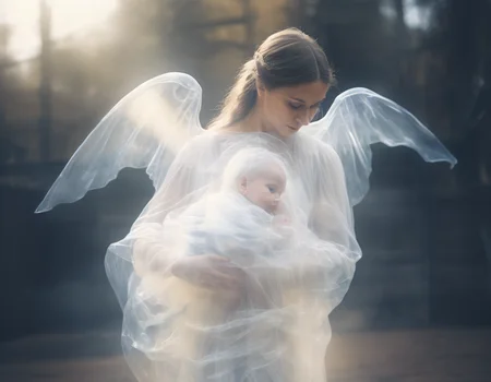a young woman holding a baby (made out of translucent ghost:1.35) with angel wings