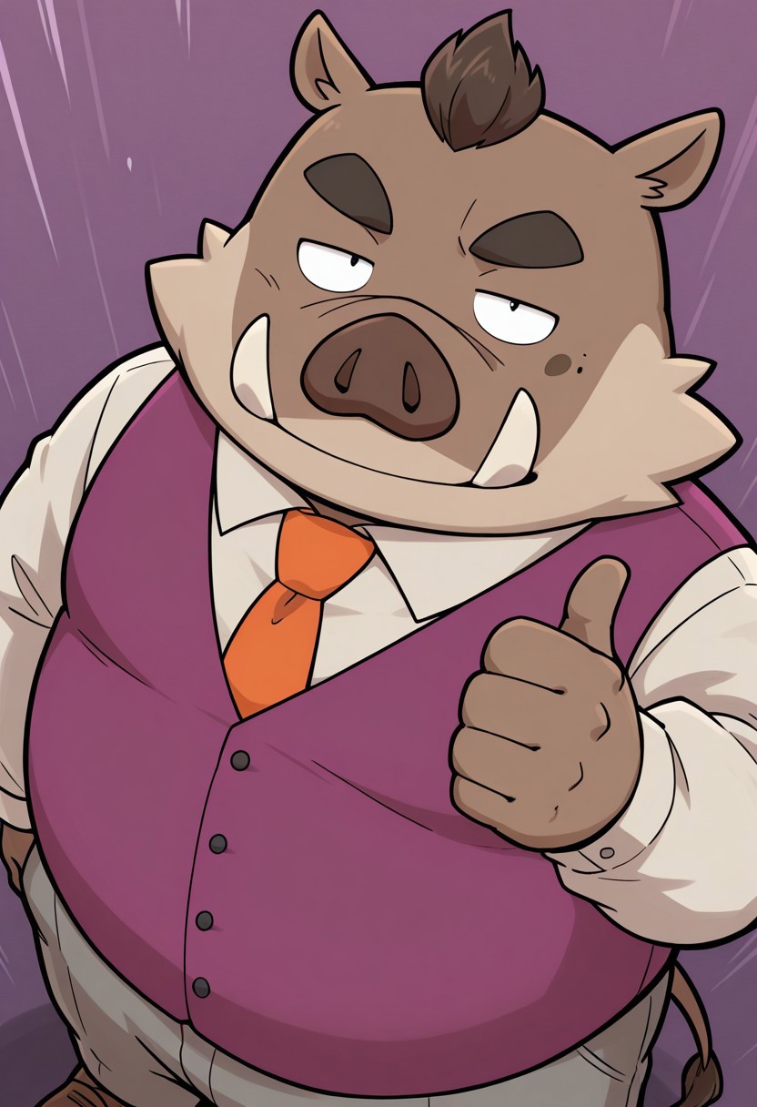 K3nsuk3, brown background, purple background, abstract background, 1boy, solo, male, anthro, wild boar, tusks, black eyes, dark brown thick eyebrows, brown fur, beige fur, fat, chubby, overweight, belly, thick arms, dark brown hair tuft, dark brown nose, pig nose, cheek mole, short ears, wild boar tail, (purple vest:1.2), (orange tie:1.2), gray pants, brown shoes, long sleeve white shirt, BREAK a thumbs up, smile, gesture, upper body, looking up at viewer, close-up, from above, shot-angle, hand up