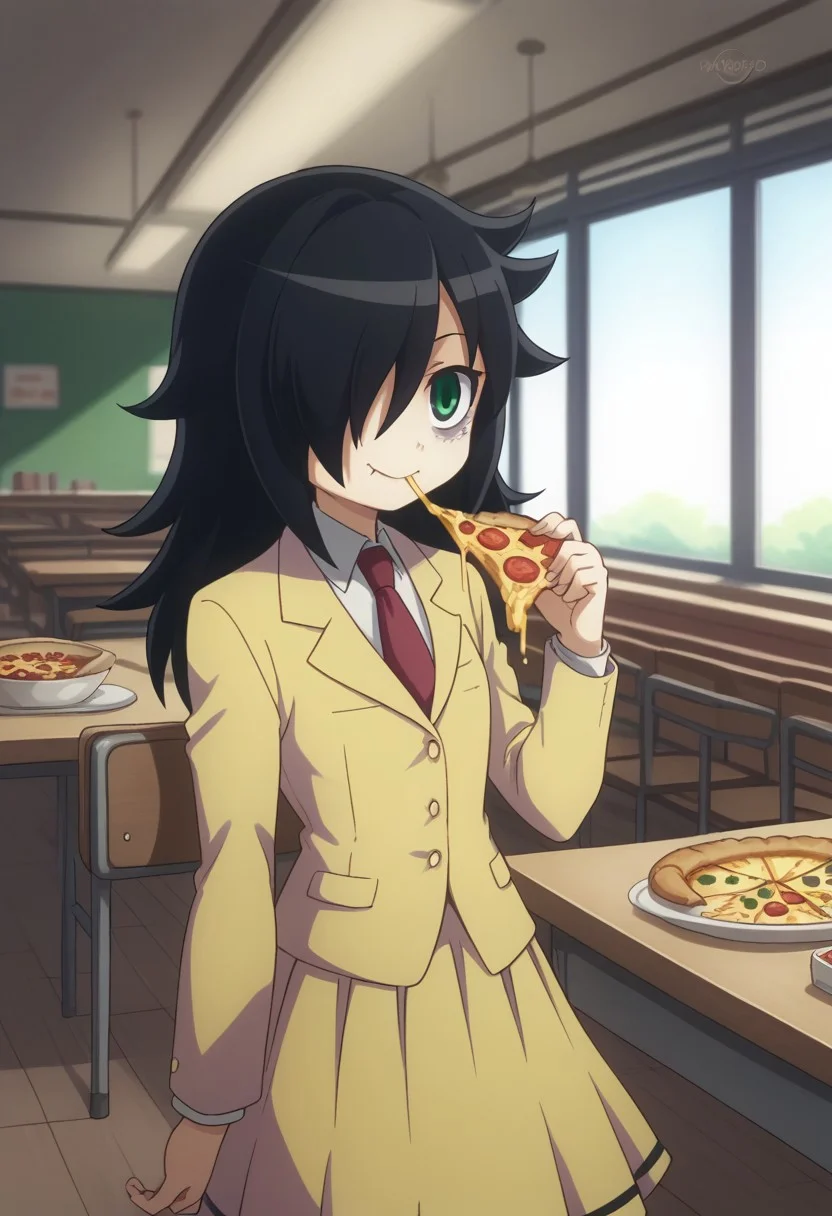 score_9, score_8_up, score_7_up, source_anime, highly detailed,
tomoko, 1girl, solo, black hair, school uniform, bags under eyes, hair over one eye, necktie, green eyes, skirt, long hair, blazer, jacket,
indoor, restaurant, pizza, eating pizza, happy, joy, cheese strings,